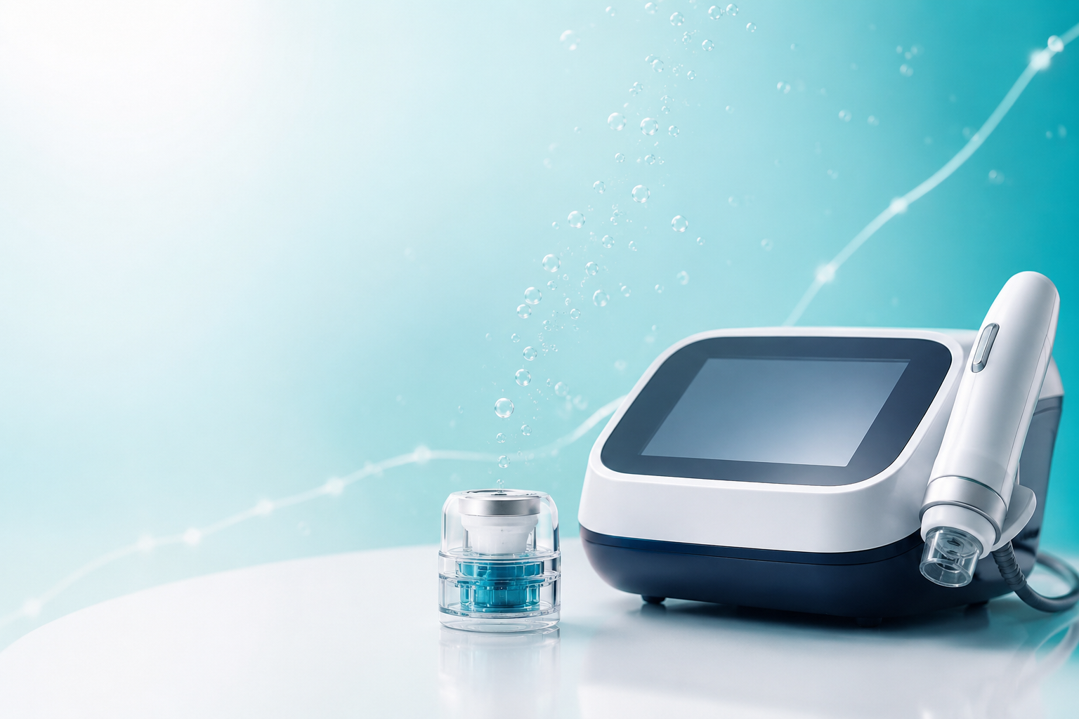 Modern medical aesthetic facial treatment device with a single-use consumable capsule on a white surface, with teal bubbles suggesting recurring growth.