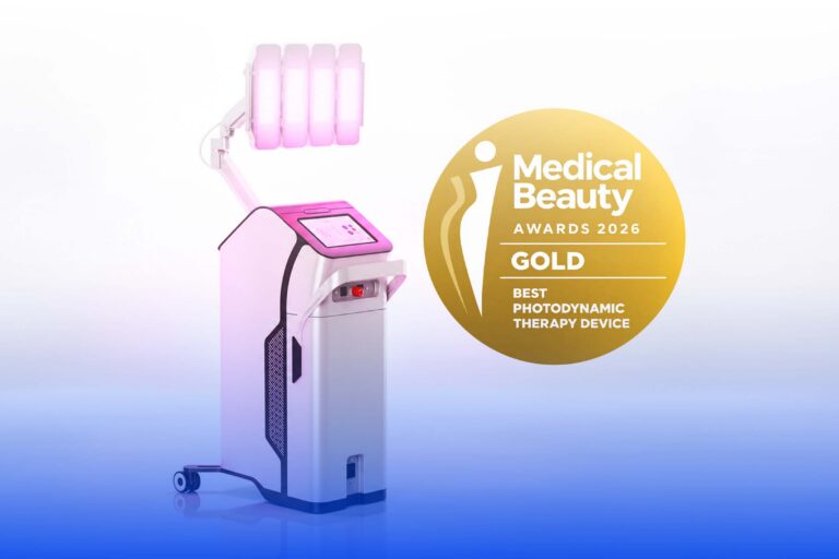 Dermalux Tri-Wave MD LED device with Medical Beauty Awards 2026 Gold badge for Best Photodynamic Therapy Device